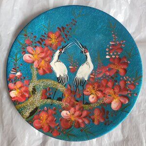 Vtg Miniature Art Plate Asian 6" Hand Painted Hanging Gallery Cranes Bird Bright